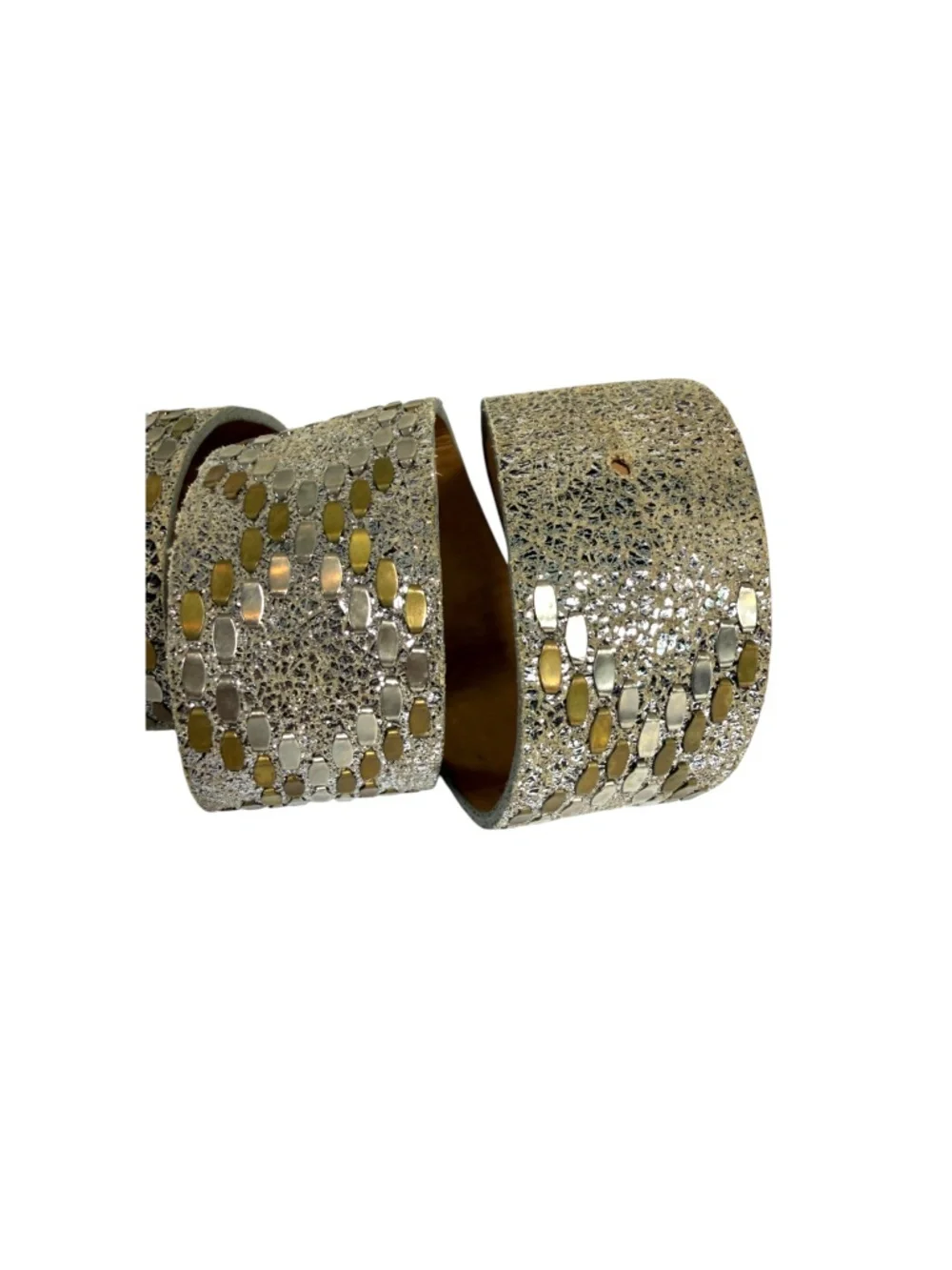 CALLEEN CORDERO Studded Crackled Leather Belt in Metallic Silver Size 34